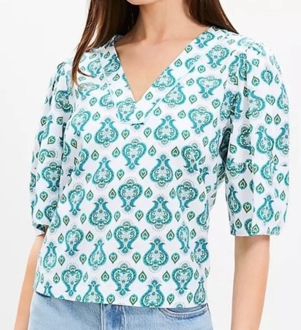 Loft Floral Medallion Bell Sleeve Blouse Turquoise/White/Yellow Paisley Sz Small